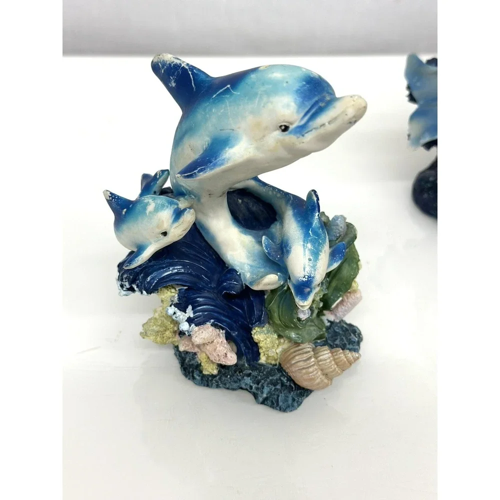 Marine Sea Ocean Set of 7 Blue Dolphins Swimming Over Giant Reef Waves Figurine